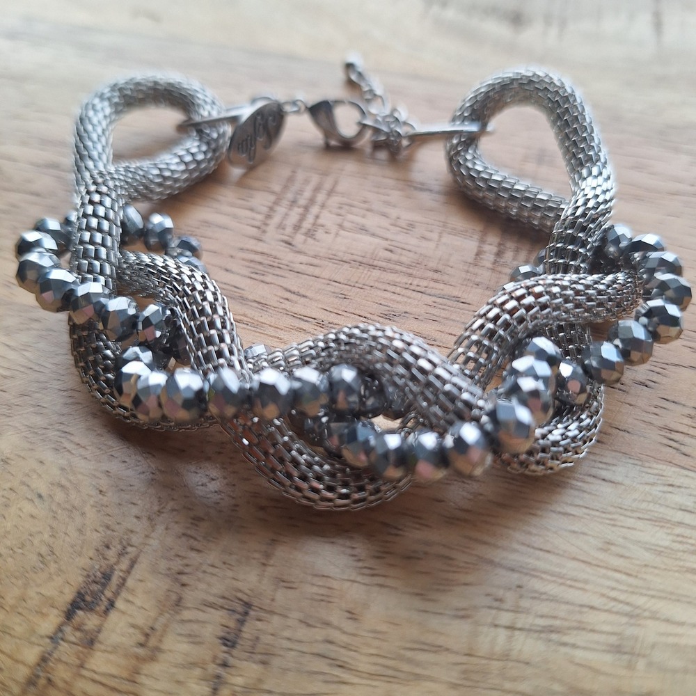 Lia Sophia Silver‎ Tone Chunky Mesh Bead Bracelet Adjustable Costume Jewelry
